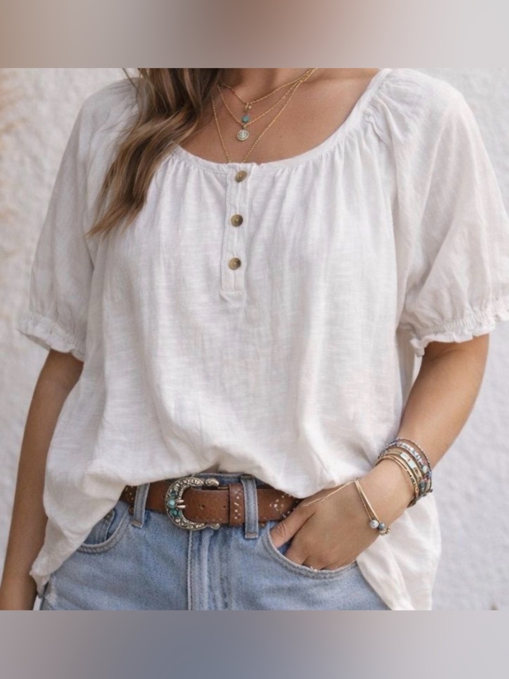 Anthropologie Pilcro Boho White Peasant Button-Front Top Puff Sleeve Relaxed XXS